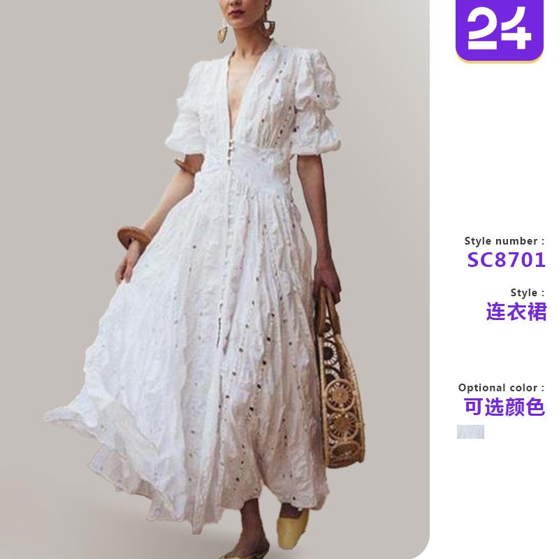 2026 summer new European and American foreign trade women's clothing wish deep V bubble sleeve lace dress hollow dress new
