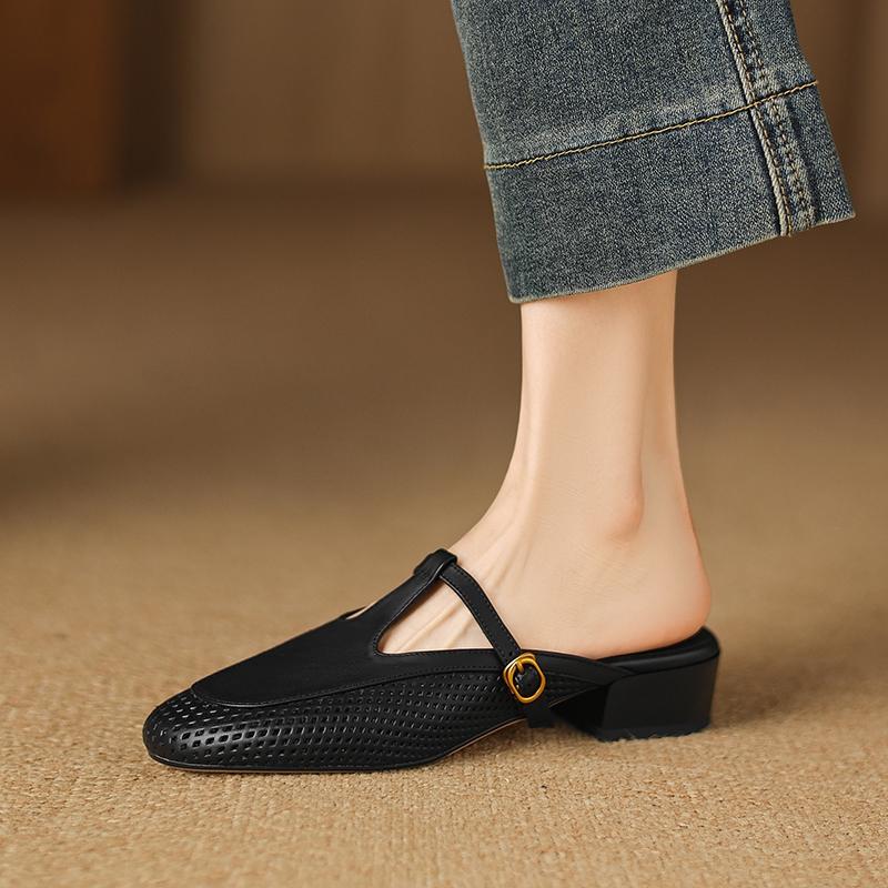 Fashion Women's New Summer Genuine Leather Cowhide Breathable Hole Round Head, Mid Heel, Plus Size Belt Buckle Headband, Mueller Slippes