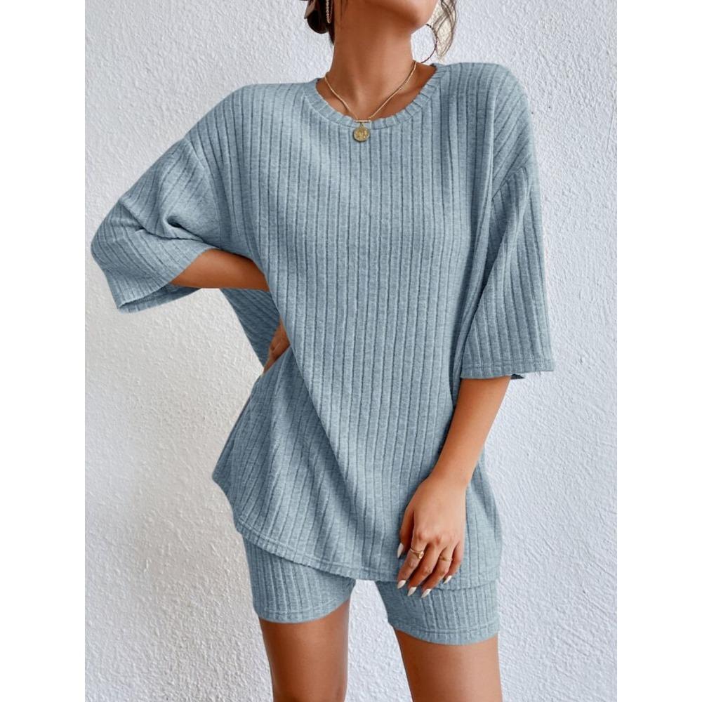 Women's Spring Solid Color Casual Outfit, Crew Neck Loose Top & Shorts Two-Piece Set