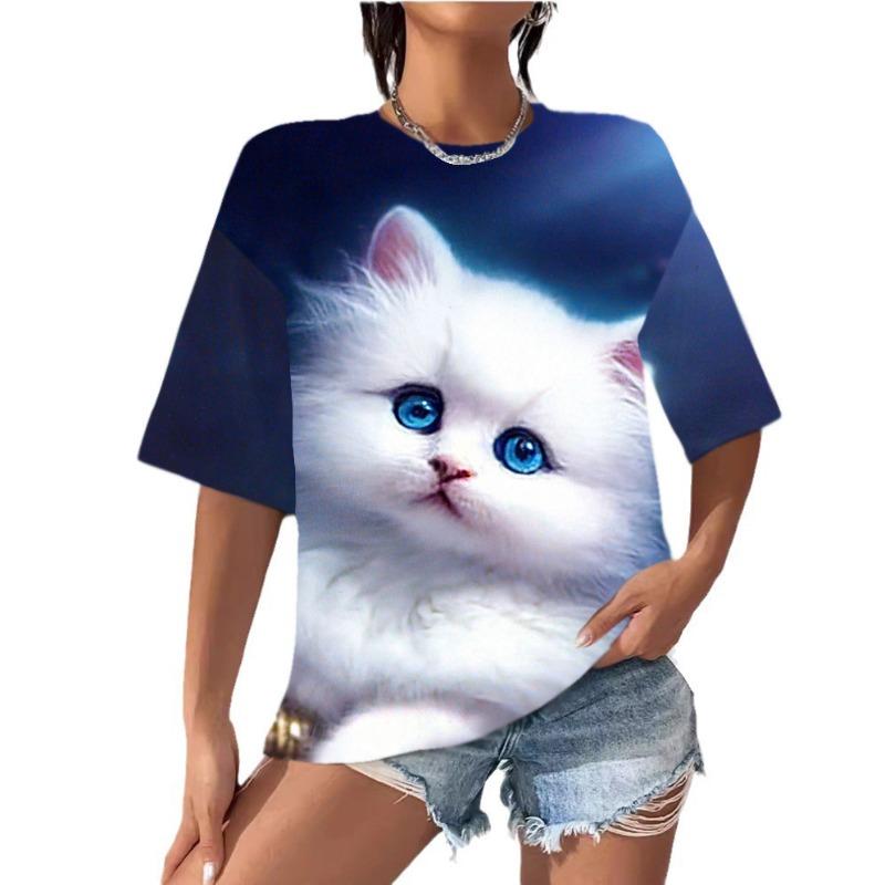 Summer Women's T-shirt with Digital Printing Cute Cat Short Sleeved Round Neck Top T-Shirts Women’s