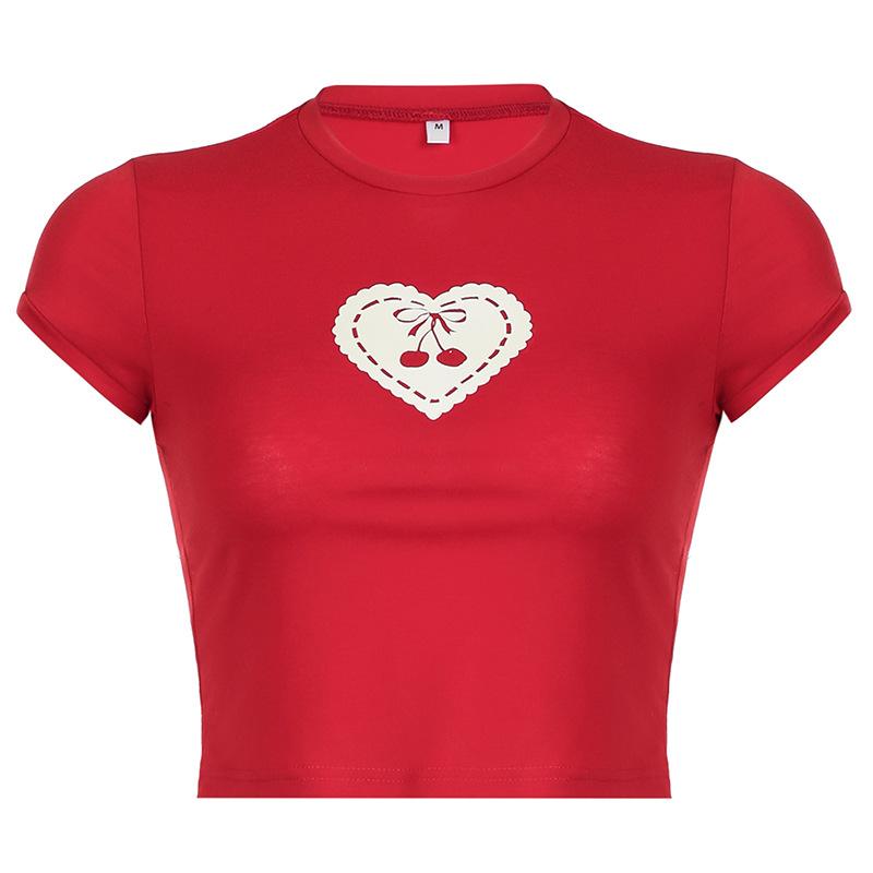 T-shirt imprimé Cherry Love pour femmes Spice Girls, pull à col rond, bas slim, hauts courts, printemps été