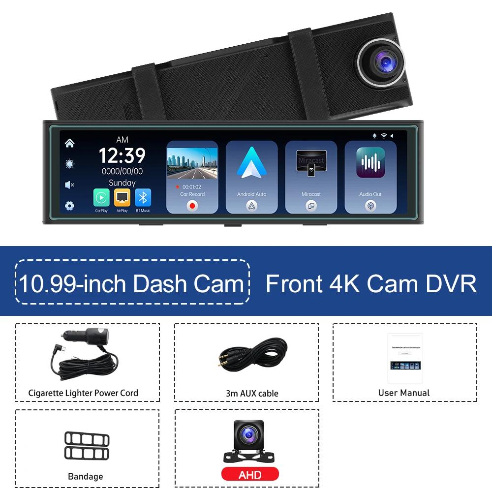 

10,99-дюймовый передний 4K-зеркало Мультимедиа DVR Видеорегистратор Carplay Android auto Автомобильный видеорегистратор Bluetooth WIFI Видео Черный ящик 0GB
