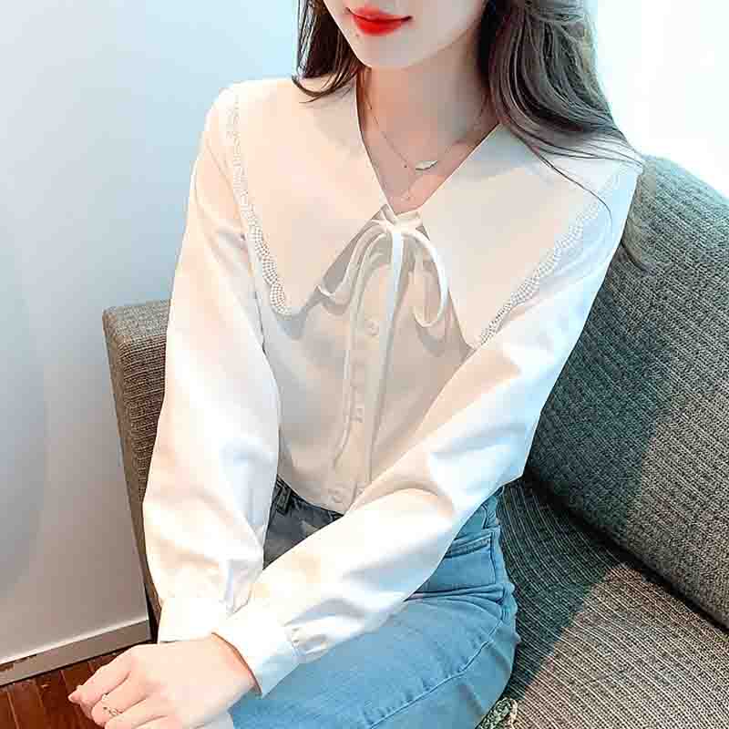 New 2024 Fashion Autumn Long Sleeve Lace Up Doll Collar Casual White Blue Blouse Shirt Women Tops Blouses Shirts J550