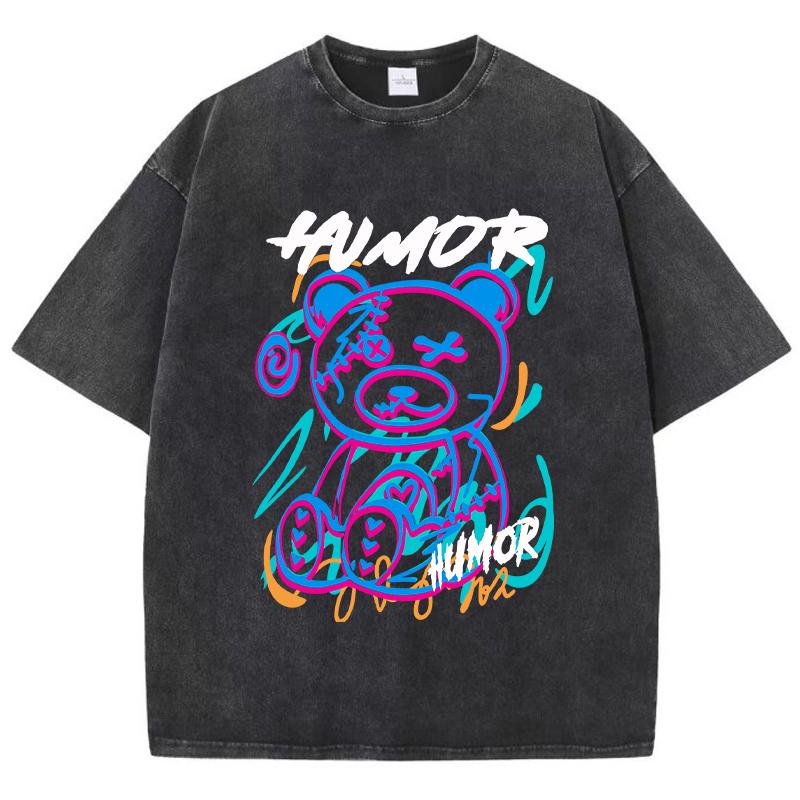 Street Women Cotton Washed T-Shirt Colored Humor Print Pattern Printed Tees Fashion Oversize Short Sleeve Clothing