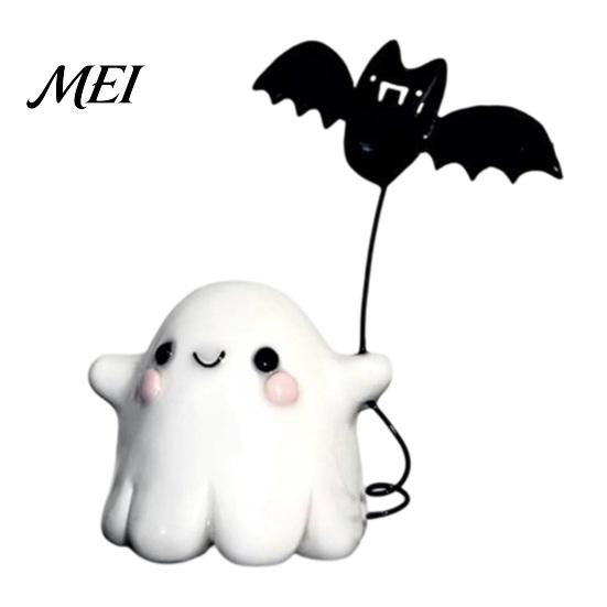 Shop Display Props Ghost Walking Dog Resin Figurine, Cute Holding Bat Balloon Statue, Spooky Halloween Mini Decoration for Shelf Desktop Decor, Stable