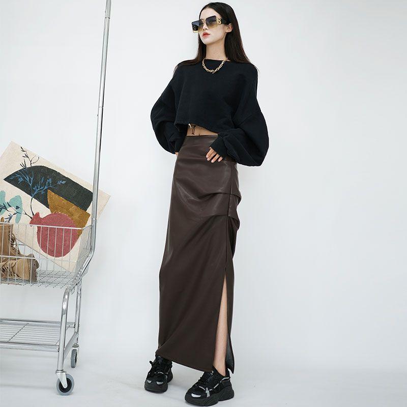 Black High Waist Folds Side Split Pu Leather Skirts For Women Autumn Winter Elegant Brown Bodycon Long Skirts