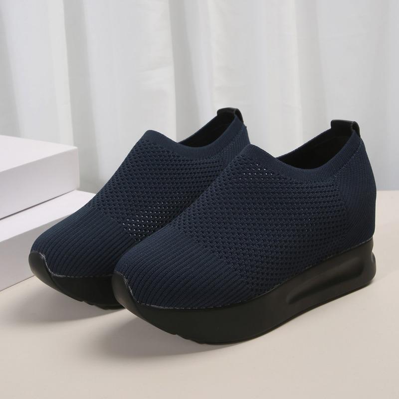 

Lace-up muffin casual shoes women s thick-soled spring and summer new breathable flat-bottomed fly-woven sports shoes 44 синий