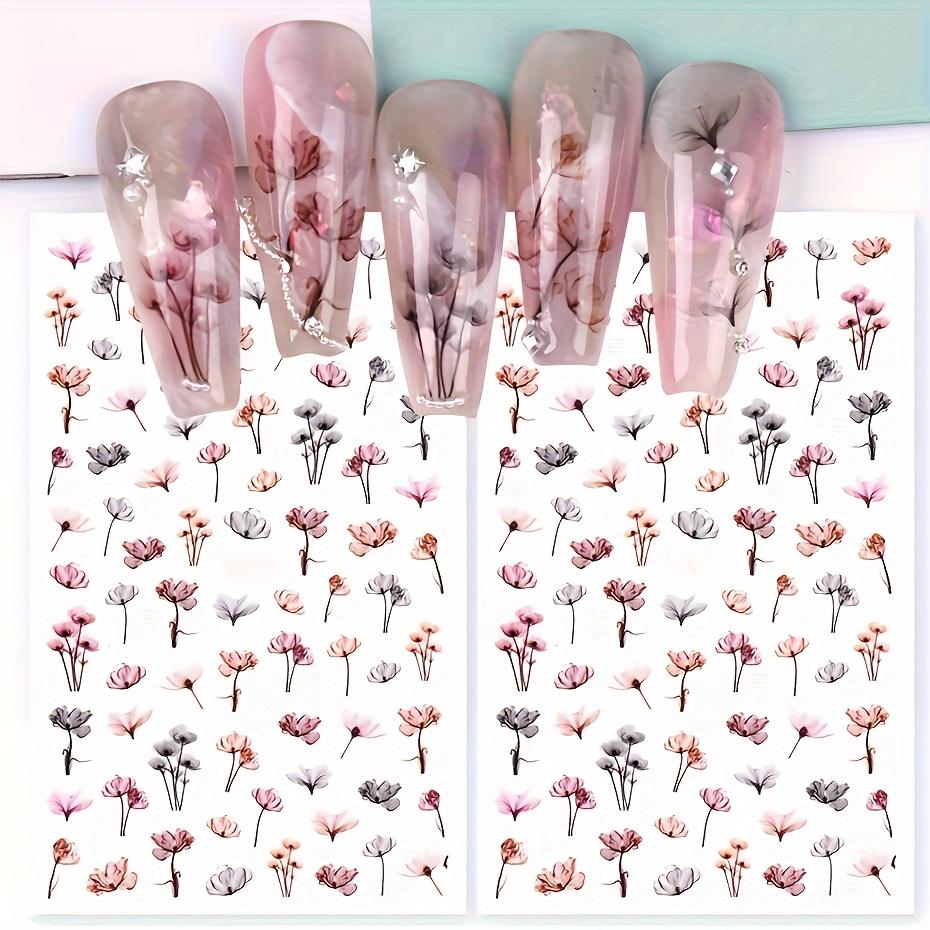 1 Sheet Gradient Bloom Ink Flower Nail Art Stickers Self-Adhesive Watercolor Floral & Leaf Design Decals for Elegant Manicures Nail Stickers