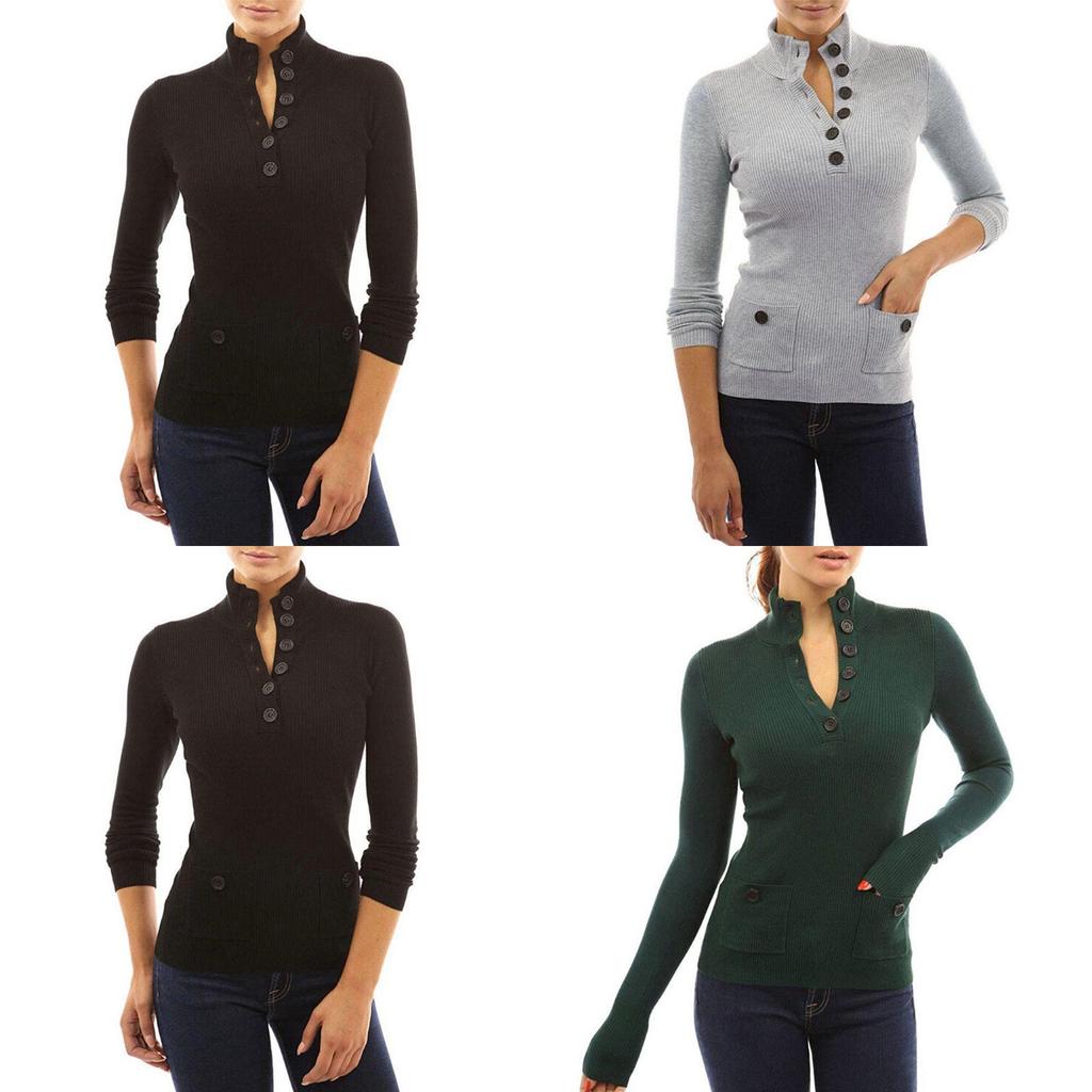 Top casual a collo alto a maniche lunghe da donna, maglione in maglia, T-shirt con bottoni, camicetta, in tessuti di alta qualità per il comfort di tutto il giorno