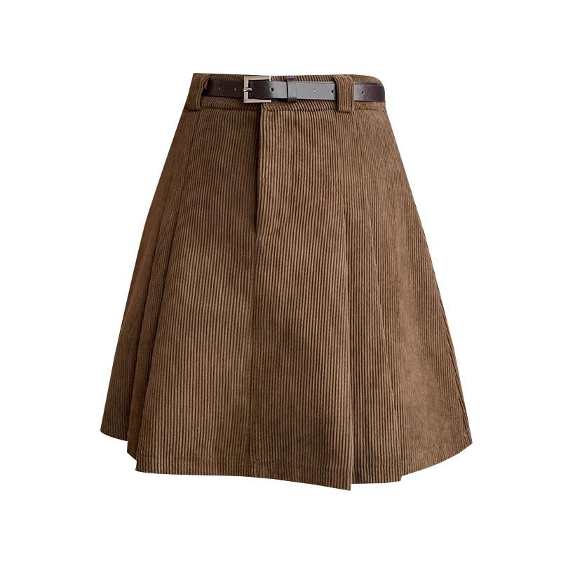 2024 Fall/Winter Korean Waistless Corduroy Pleated Mini Skirt - High Waist A-Line Design