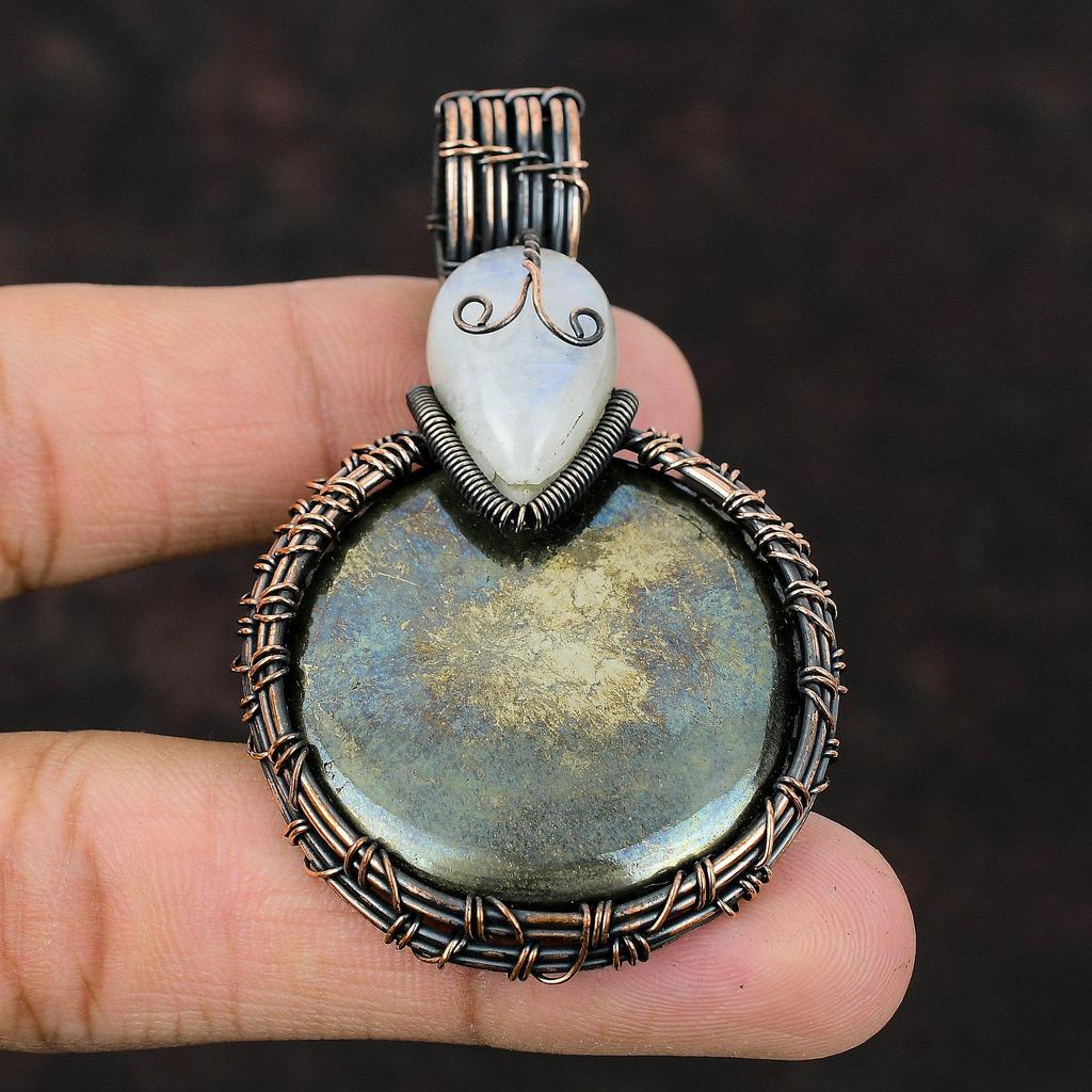 Pyrite Pendant Copper Wire Wrapped Pendant Copper Wire Jewelry Rainbow Moonstone Gemstone Pendant Gift For Mom Copper Wire Designer Pendant