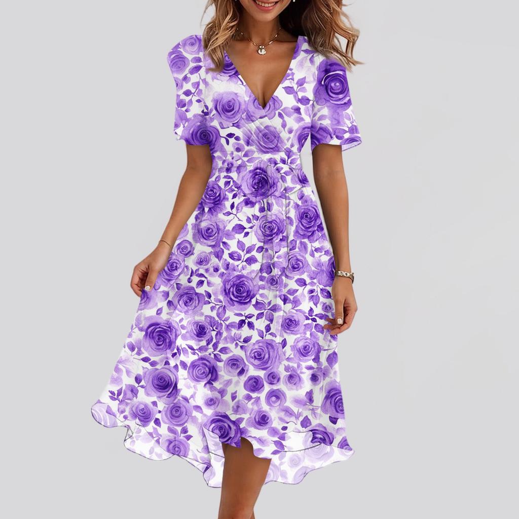 Dámské módní ležérní šaty s výstřihem do V, krátkým rukávem, volánky a vintage potiskem