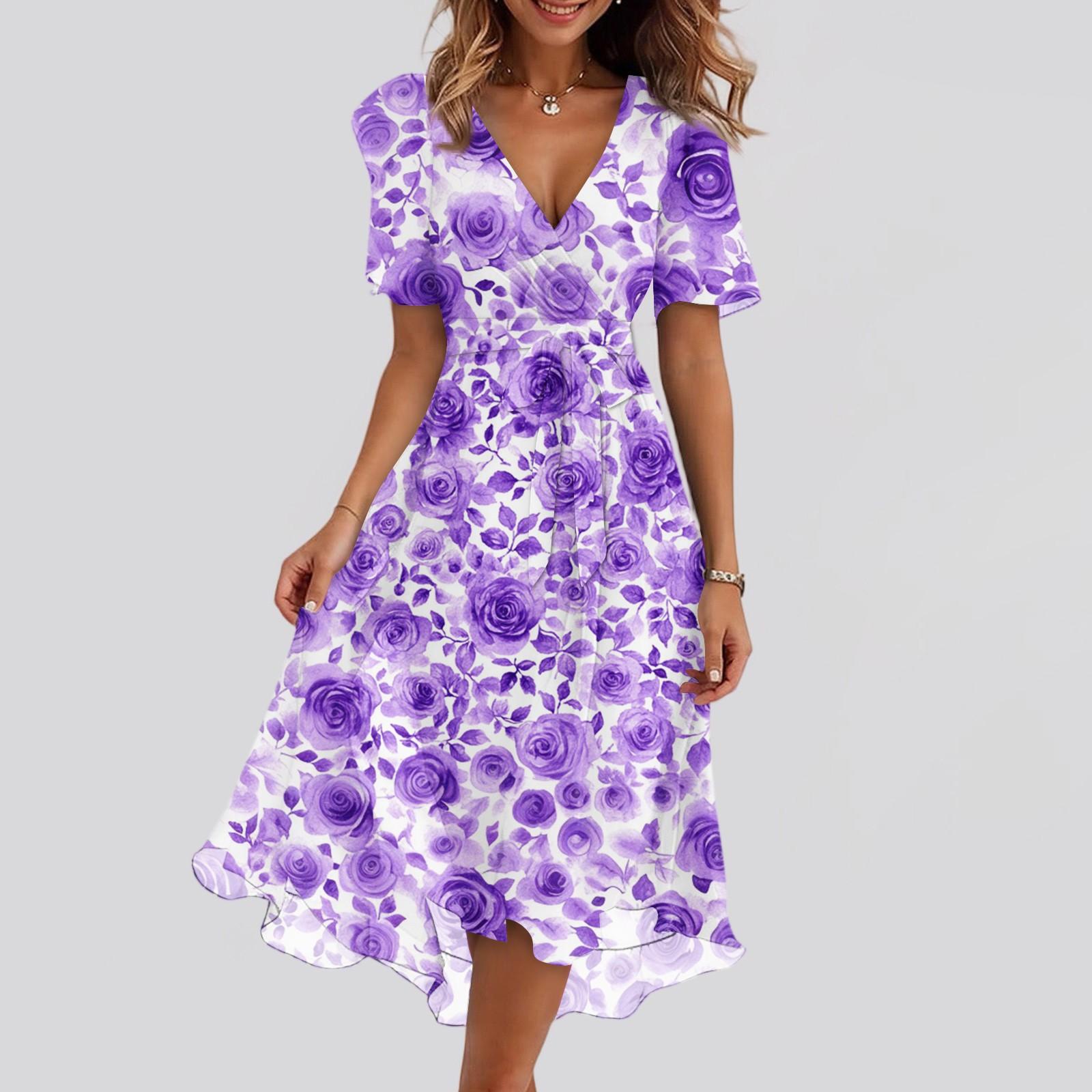 

Женские модные повседневные платья с V-образным вырезом, короткими рукавами и оборками, винтажным принтом S фиолетовый