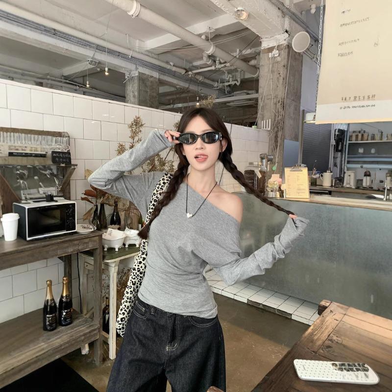 Autumn Winter Sexy Fashion Off the Shoulder Solid Waist Shirring Irregular T-shirt Women Long Sleeve Pullover Tee Top