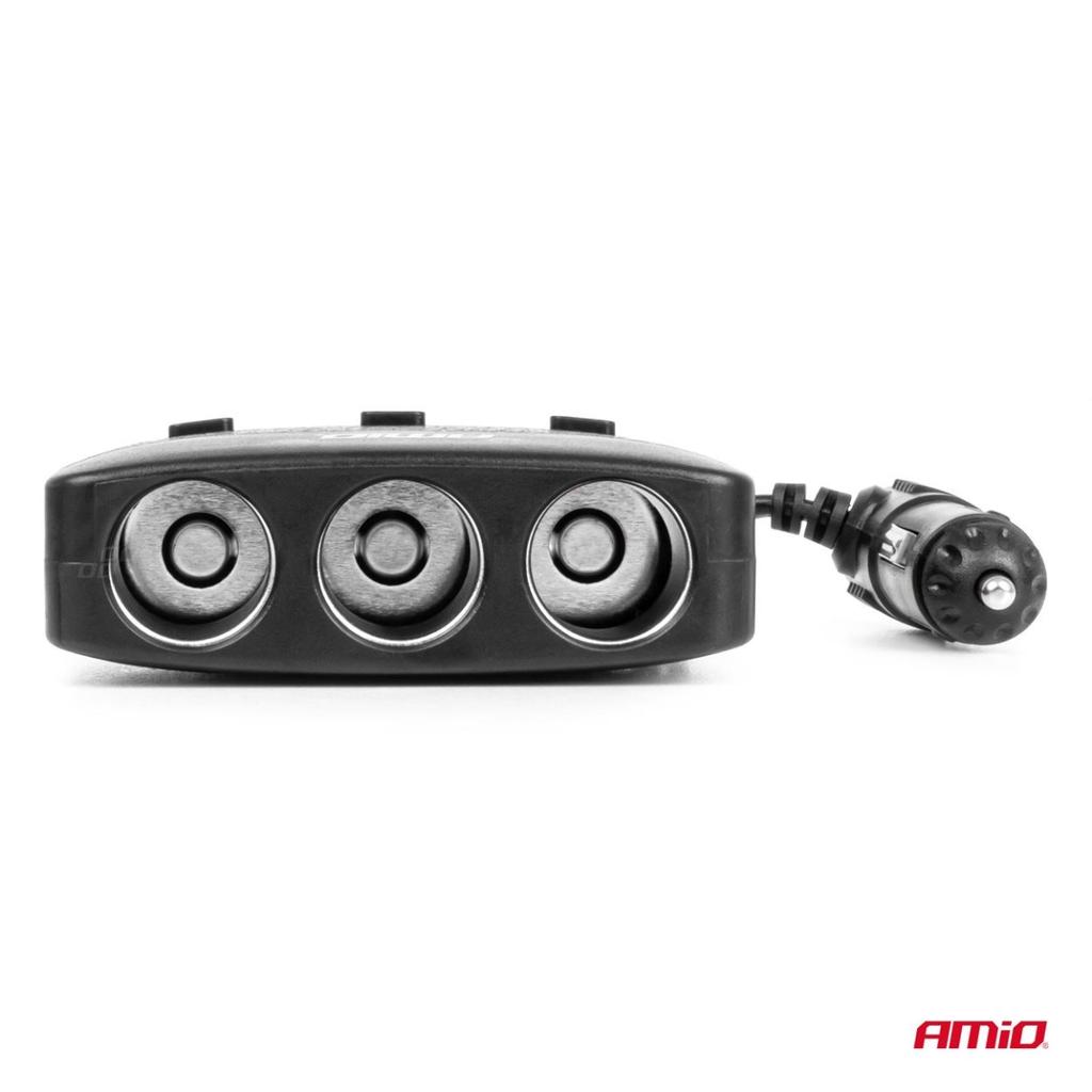 Cigarette lighter socket splitter with charger 2x USB-A ON/OFF LED 12V 24V 100W 70cm AMIO-04363