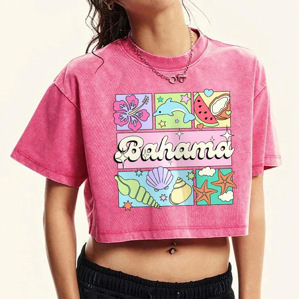 Bahama Bahama Ocean World Print Washed Slim T-Shirt Women Casual Crewneck T Shirt Street Short Sleeve Cotton Crop Top