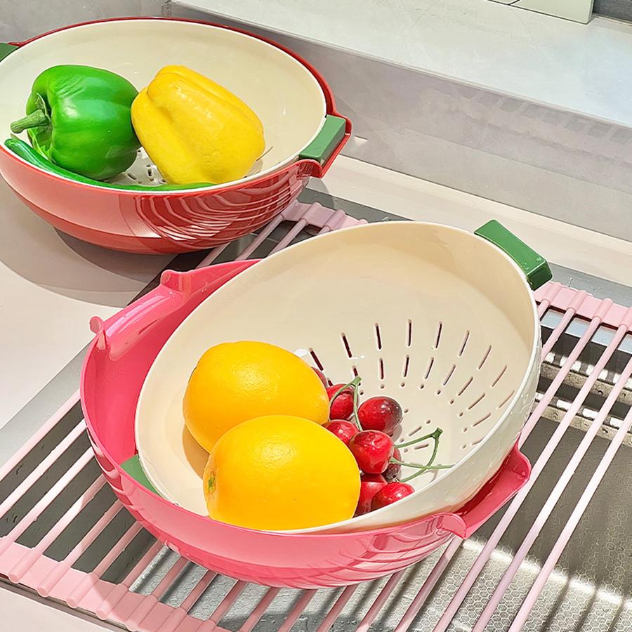 Double-layer Draining Basket Plastic Fruits Vegetable Wash & Drain Basket, Storage Basket, Multi-layer Stackable for Kitchen