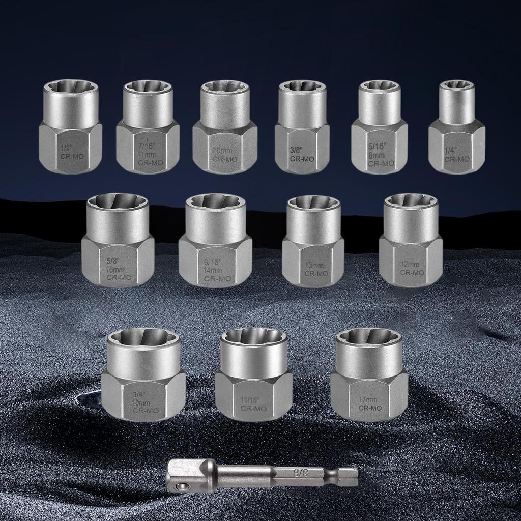 Extractor Socket Set Stripped Socket With 3/8 Inch Adapter Drive Bolt Nut Remover Set For Damaged Round Rusted Broken