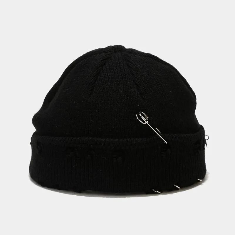 New Winter Harajuku Beanies Knitted Hat Women Fashion Warm Thick Men Hip Hop Pin Hole Skullcap Short Hat Unisex Basic Cap