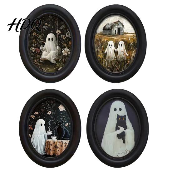 Soft Dark Tone Art Halloween Ghost Wall Art Cute Table Sign Vintage Oval Framed Academia Decor Picture Decorative for Mantel Living Room