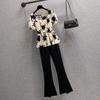 Women's Summer Short Sleeved Shirt+Micro Flared Pants Two-piece Korean Chic Blouse Black Trousers Suit