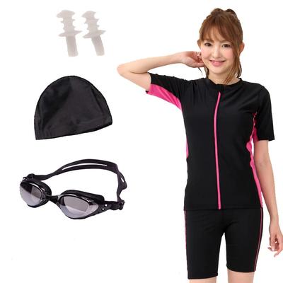 Lemode Fitness Body Prevents Turning Comes with Short Front UV Protection Turning Black C-goM-MB135 (Lemode) Swimsuit, Coverage, Up, Cap, Goggles,