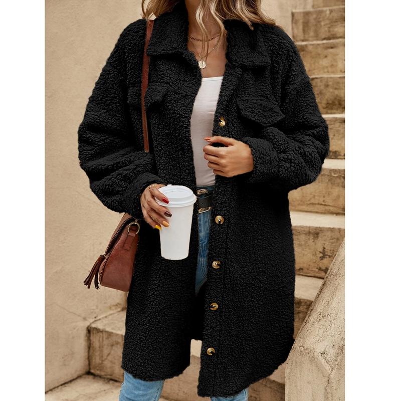 Autumn Winter Long Sleeve Lapel Plush Coat Female Casual Office Outer Wear Long Coat Ladies Elegant Solid Color Warm Coat