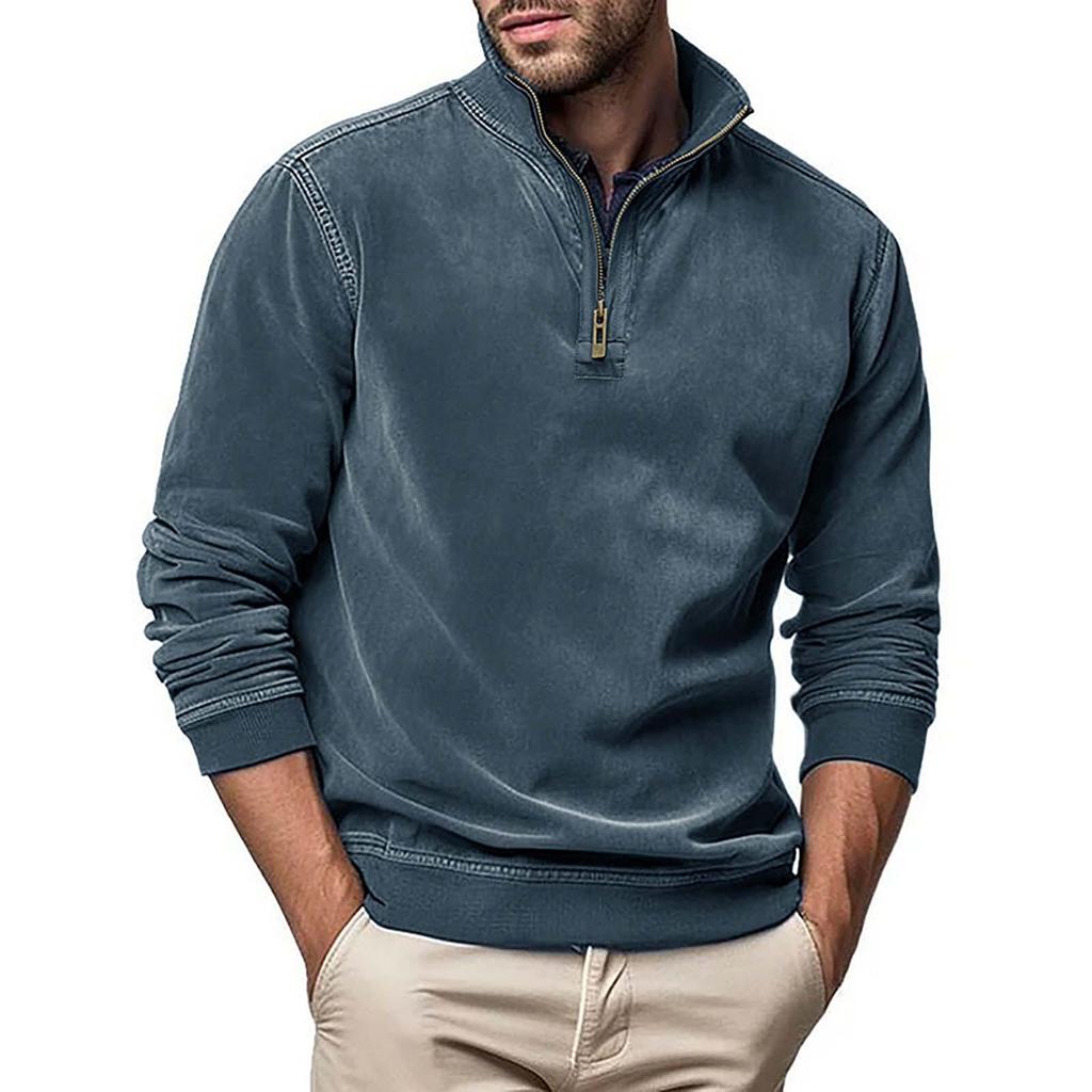 Men's Long Sleeved Zipper Stand Up Collar Sweatshirt Men's Collar Imitation Leather Thread Pullover Top