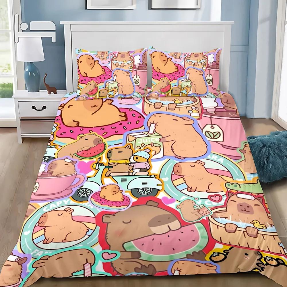 Capybara Quilt Cover Set 3D Decor Cute Print Comfortable Set Dark Style Breathable Bedding for Teenager Children