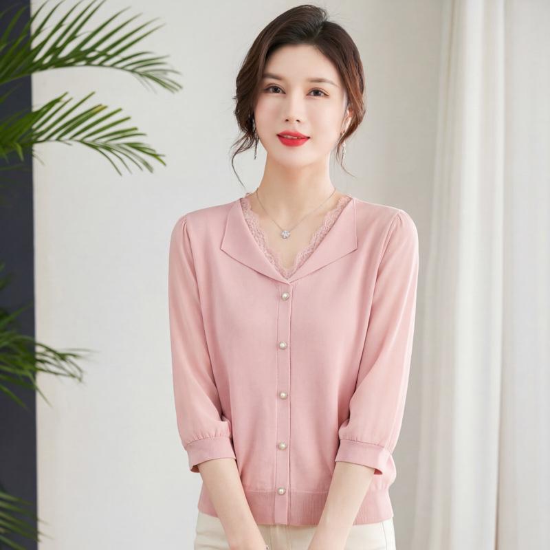 

Ice Silk Spliced Sleeve T-Shirt for Middle-Aged and Elderly Women - New Spring/Summer Style 3XL (Recommended 140-160 jin)