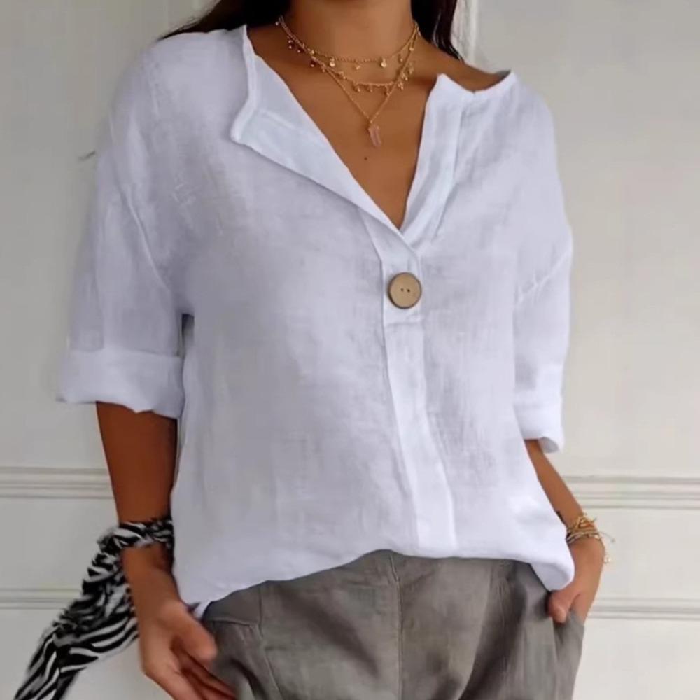 Sommer lockeres T-Shirt für Damen mit V-Ausschnitt, Baumwoll-Leinen-Stoff, mit Knöpfen auf der Vorderseite.