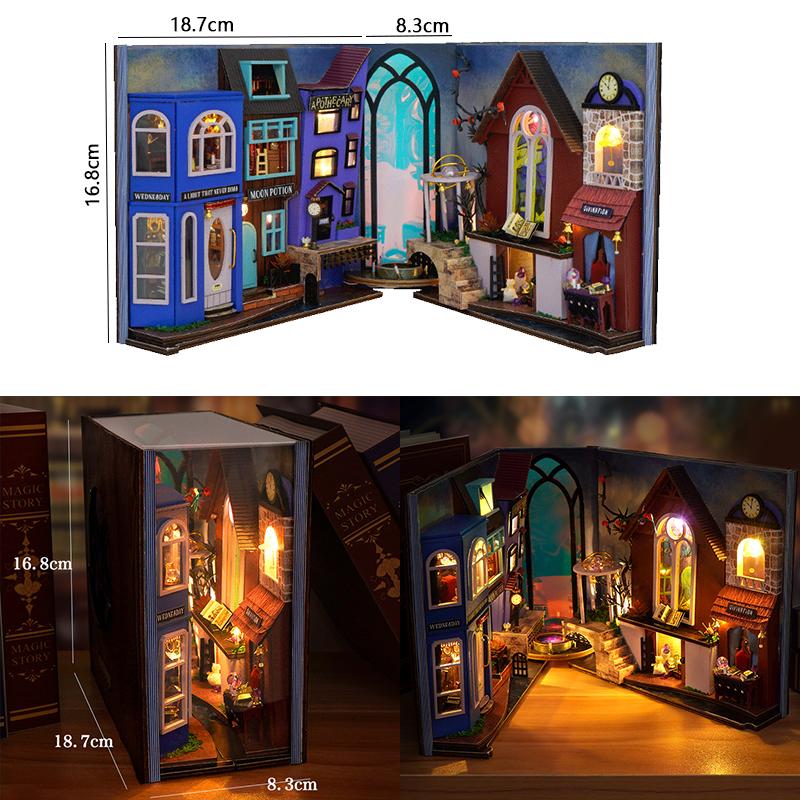 DIY Book Nook Kit Miniature DollHouse 3D Wooden Puzzle Home Decoration Bookshelf Bookend With LED Light Toy For Christmas Gifts