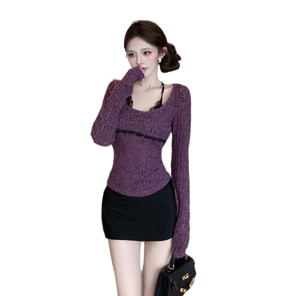 Czysty i Seksowny Fioletowy Halterneck Dwuczęściowy Iluzjonistyczny Długi Rękaw Dopasowany Damski Krótki Top