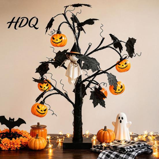Lampade Natalizie da Tavolo Albero di Halloween Luce LED Ramo Nero Illuminato con Occhio di Fantasma Zucca Ragno USB Festival Luci da Interno Oggetti di Scena e Batteria