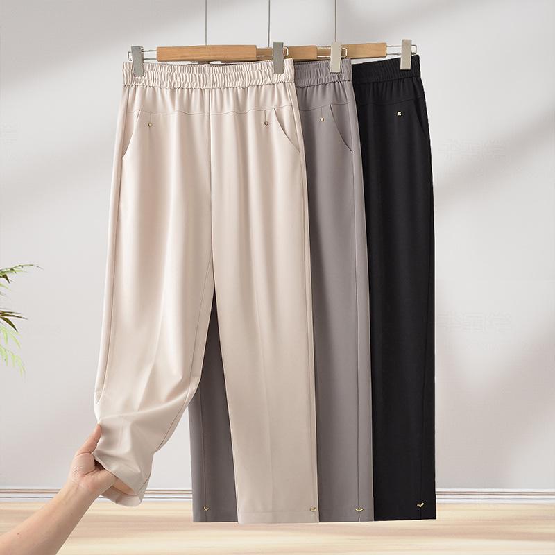 Summer Elastic Waist Loose Women's Pants: Breathable, Comfortable Straight Leg for Middle-Aged and Elderly