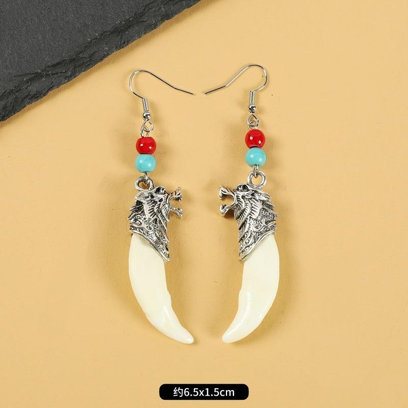 Tibetan wolf tooth earrings Tibetan silver inlaid real Tibetan mastiff dog tooth personality temperament niche earrings Tibetan earrings