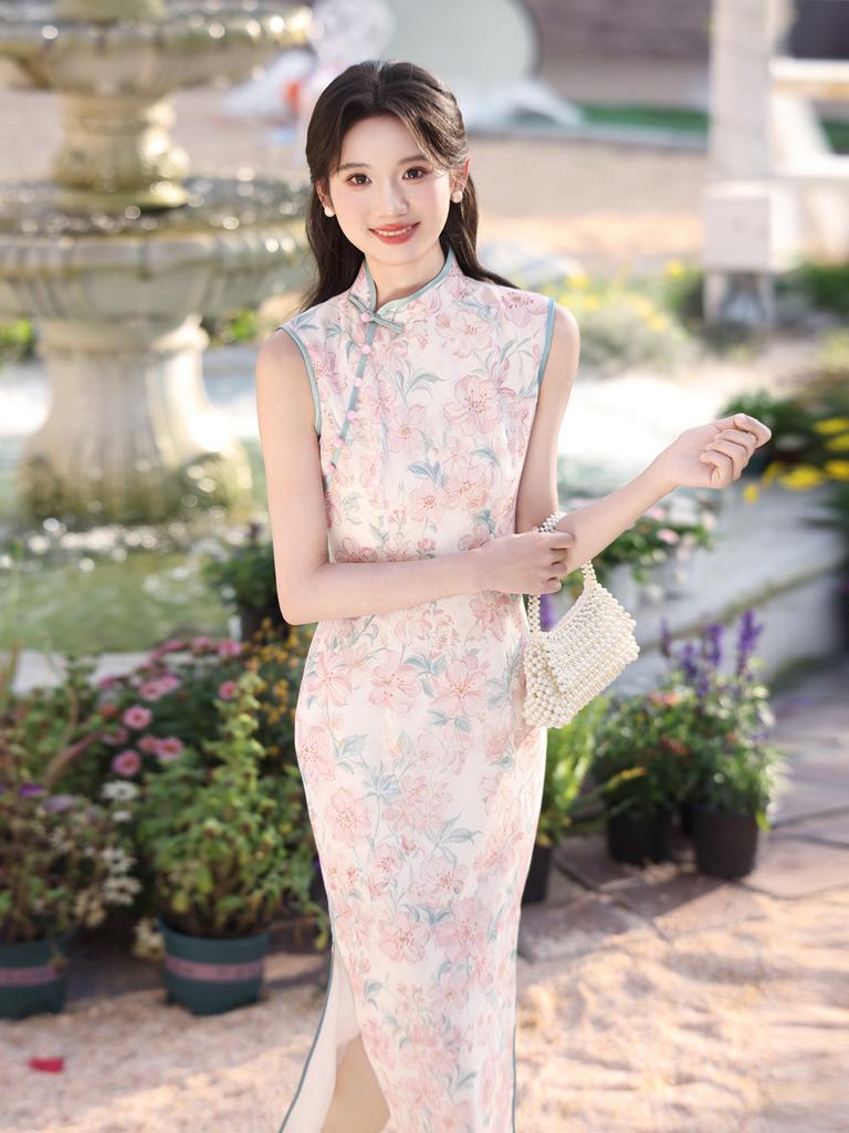 New Chinese style young beautiful pink cheongsam floral print 1011 summer daily girly dress