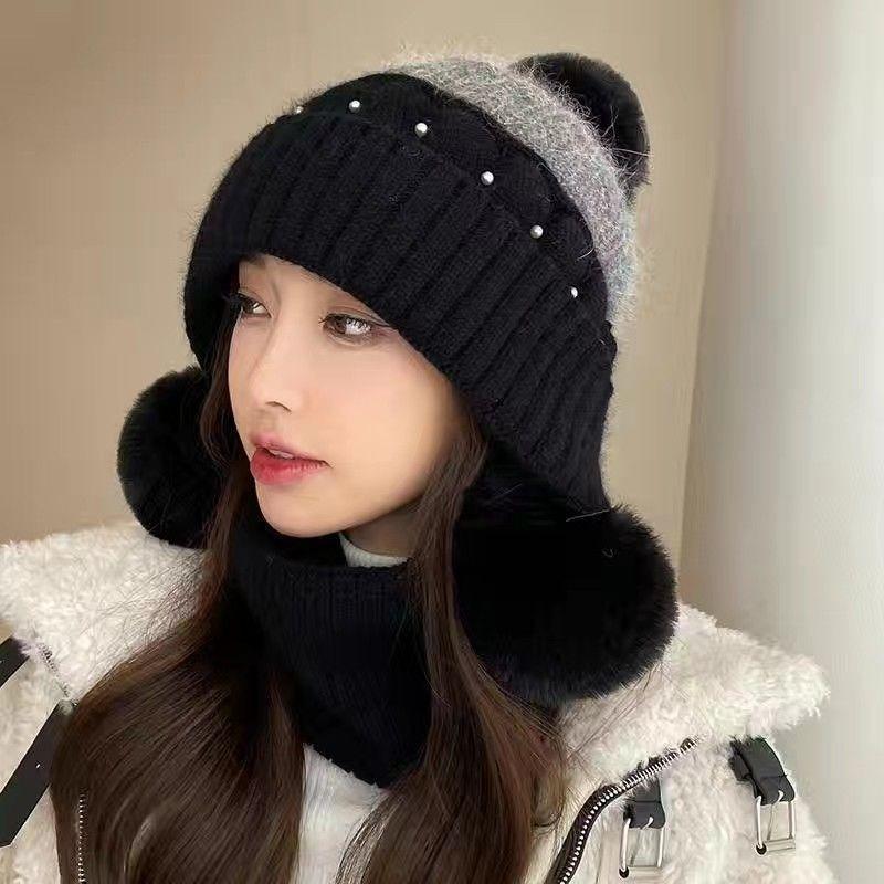 Wool hat for women, sweet and cute in autumn and winter, warm and cold hat, fashionable ear protection, plush and thickened cold-proof knitted hat.
