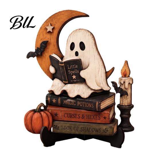 Decorative Wood Display Stand Halloween Reading Ghost Figurine, Retro Wooden Statue, Vintage Desktop Niche Gothic Room Accessories Ornament