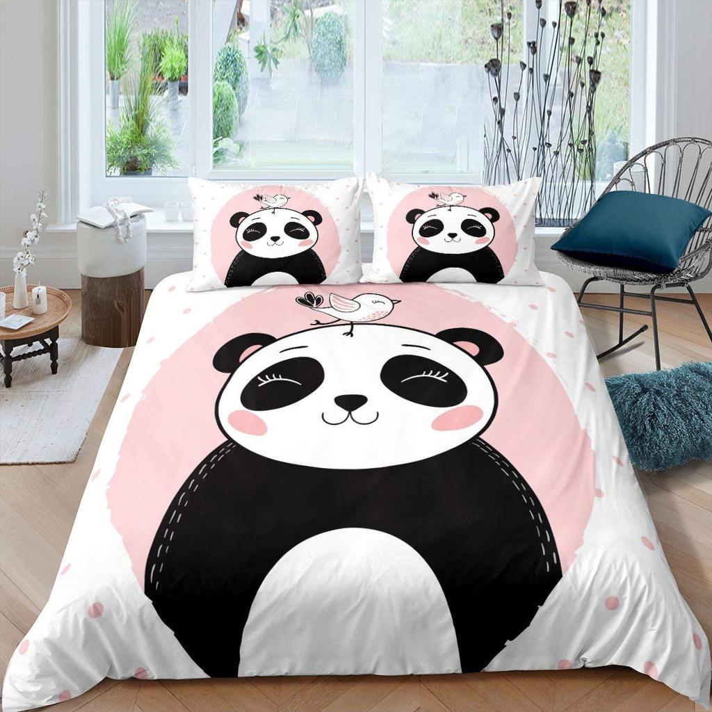 Cute Red Panda Duvet Cover King Size,Pink Love Stars Bedding Set Kawaii Cartoon Animals Comforter Cover Girly Sweet Quilt Cover