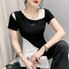 2023 European Style Slim Fit Off-Shoulder Hollow-Out Irregular Hem Color Block T-Shirt