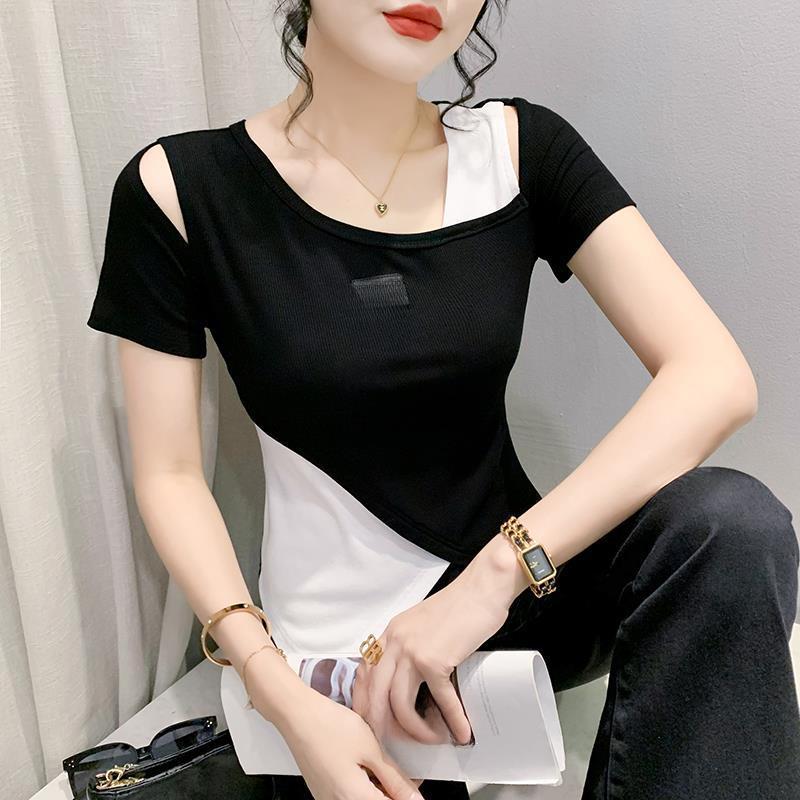2023 European Style Slim Fit Off-Shoulder Hollow-Out Irregular Hem Color Block T-Shirt