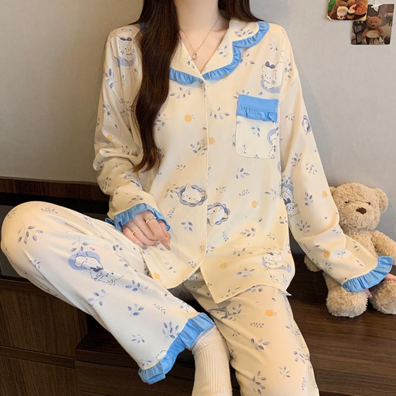 Contrasting color dachshund dog imitation cotton pajamas women's spring and autumn new sweet lace long-sleeved loose loungewear