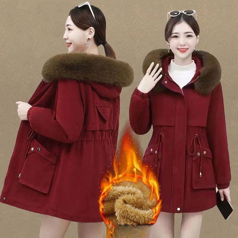 

Жіночий повсякденний вільний зимовий одяг середньої довжини плюс оксамитовий щільний бавовняний одяг Одяг Parker XS червоний