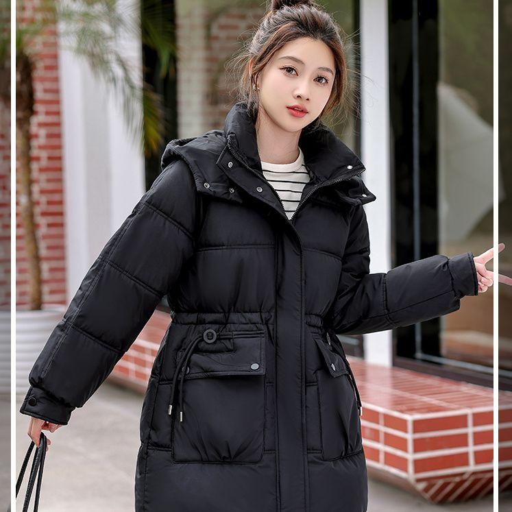 

Winter Thickened Hooded Down Cotton Coat Fashion Slim Fit Waist Warm Padded Jacket Outwear M чорний