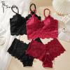 Women's Sexy Lace Bra Suit Solid Set Beautiful Back Hollow Out No Steel Ring Underwear With Lace Flower Breathable Panties