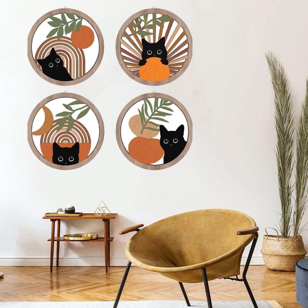 4pcs Cute Black Cat Wall Decoration Wooden Background Pendant Crafts Wall Hanging  Bedroom