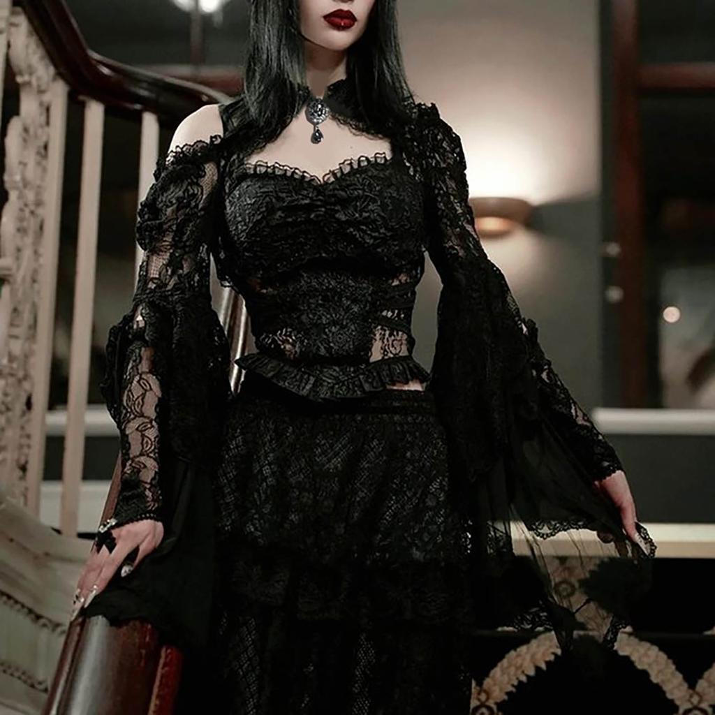Gothic See Through Shrug Tops Grunge Aesthetic Black Flare Sleeve Crop Top Women Streetwear Vintage Punk Sexy Clothing