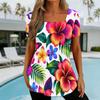 Women Plus Size U Neck Short Sleeve Tropical Floral Leaf Printed T Shirt Curved Hem Casual Tops