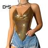 Top con bretelle in paillettes da donna, senza maniche, senza schienale, con lacci in catena di metallo e colletto a sbuffo, canotta sexy